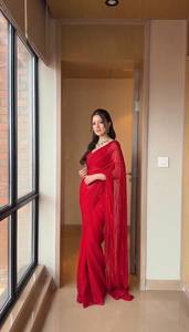 <b>Red</b> Beaded Faux Georgette <b>Saree</b> Sequins Dori Work Recycled Materials Floor-Length Party Wedding Wear Fancy <b>Saree</b> Collection - Product Image 4