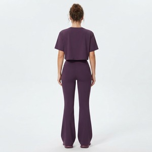 Spandex Solid Elastic Waist Casual Sports 2 Piece Outfit Short Sleeve Loose Crop Top <b>Flared</b> <b>Leggings</b> Set for <b>Women</b> - Product Image 3