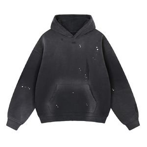 Sudadera con Capucha de Alta Calidad, Estilo Retro, Lavado Vintage con Efecto de Copo de Nieve, Borde Deshilachado, Color Sólido, Forro Polar - Product Image 1