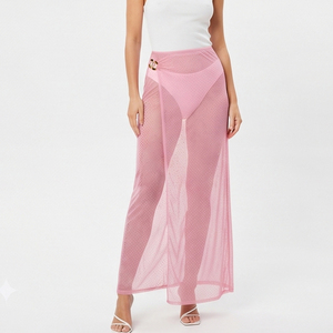 Faldas largas de malla transparente con pedrería de cintura alta para mujer, faldas largas de verano de alta calidad con pedrería transparente para damas - Product Image 5