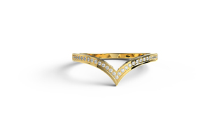 Bague en or 18 carats minimaliste en chevron avec diamant rond pour femme, bague de mariage assortie en forme de V, bague empilable incurvée pavée - Product Image 1