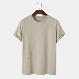 Camiseta Casual de Manga Corta para Hombre, Color Beige Sólido, Cuello Redondo, Corte Regular, Tejido Liso Teñido - Product Image 1