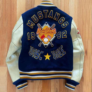 Chaqueta Varsity para Hombre, Color Azul Marino y Crema, Mangas de Cuero, Logotipo NY Bordado, Parche del Equipo de Béisbol 1983, Conjuntos Deportivos para Hombre - Product Image 6