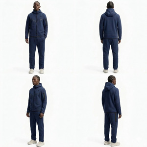 Men's Navy Blue Solid Hooded Reversible <b>Tracksuit</b> Fleece Drawstring Casual Breathable Quick Dry Eco-Friendly Lightweight - Product Image 2