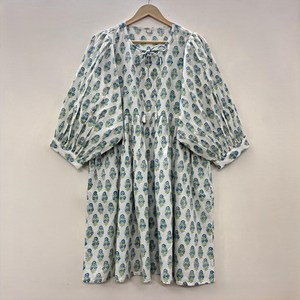 Vestido Casual de Mujer para Uso Diario, Todas las Temporadas, Midi, Tejido, 100% Algodón, Liso/Estampado Floral, Cuello en V, Holgado, Manga Corta, Estilo Imperio - Product Image 1