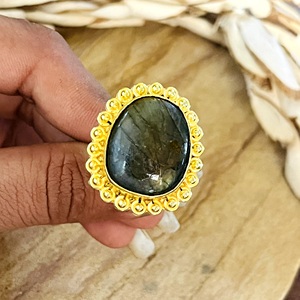 High Demand Boho Labradorite <b>Ring</b> Vintage Brass <b>Rings</b> for Women 18k Gold Plated Beaded Tribal <b>Statement</b> for Wholesale/OEM/ODM - Product Image 2