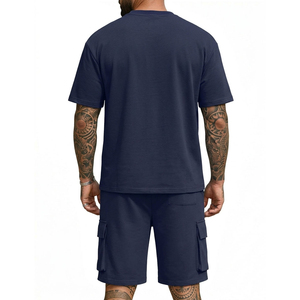 Ensemble t-shirt décontracté bleu marine et short cargo pour homme, col rond, couleur unie, respirant, tenue d'été, vêtements deux pièces - Product Image 2