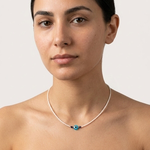 Collier ras du cou minimaliste avec perles œil porte-bonheur, chaîne délicate en perles blanches, amulette de protection porte-bonheur, bijoux bohèmes, vente en gros - Product Image 3