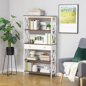 Libreria Moderna a 4 Ripiani in Legno Bianco con Stabilità a X-Bar e Cassetto per Ufficio - Product Image 2