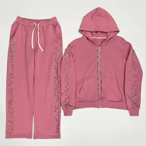 Ensemble de survêtement rose à capuche pour femme, orné de strass, manches longues, fermeture éclair, coupe décontractée, couleur unie, idéal pour l'automne - Product Image 3