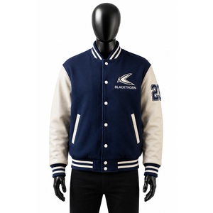 Chaqueta Varsity para Hombre, Cuerpo de Lana, Mangas de Cuero, Logotipo Bordado, Estilo Invernal, Cuello Acanalado - Product Image 3