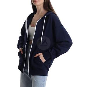 Sudadera con capucha de invierno para mujer, azul marino, 100% algodón, con cremallera completa, forro polar, manga larga, lisa, estilo streetwear, ropa deportiva, hombro caído, venta al por mayor - Product Image 3