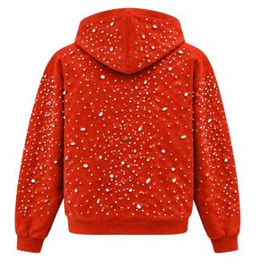 Orange Red Pearl <b>Zip</b> Up <b>Hoodie</b> Sparkling Crystal Studded Streetwear Jacket Long Sleeve Hooded Sweatshirt With <b>Pockets</b> - Product Image 2