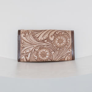 Cartera de mano grande de cuero de vaca para mujer de nuevo diseñador, billetera occidental cosida a mano genuina con diseño de flor de calavera de vaca - Product Image 4