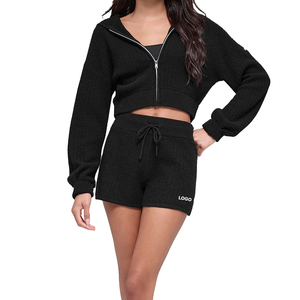 Custom Cashmere Summer Daze Full Zip Hoodie & Shorts <b>Set</b> Women Summer Loungewear OEM Private Label <b>Knit</b> <b>Set</b> Supplier - Product Image 4