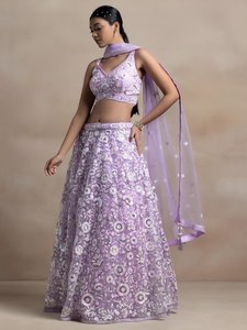 Purple Embroidered Floor-Length <b>Lehenga</b> Set Lace Dupatta Sleeveless Blouse <b>Skirt</b> Quick Dry Traditional Indian Outfit Wedding - Product Image 3