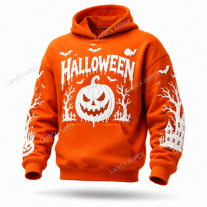 เสื้อฮู้ดลายกราฟิกฮาโลวีนสำหรับผู้ชาย สีส้ม แบบสวมหัว พิมพ์ลาย 3 มิติ รูปฟักทอง ค้างคาว บ้านผีสิง และสุสาน - Product Image 2