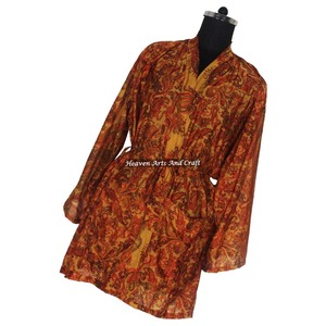 KS010 2026 Vintage Silk Sari Floral Print Short Vintage Sari Kimono Long Beach Cover Up Dress Ethnic Indian Maxi Bathrobe Dress - Product Image 1