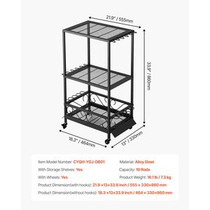 Organizzatore Mobile per Interni/Garage, Porta Canne da Pesca con 10 Aste, Supporto per Attrezzatura da Pesca in Plastica Resistente con Ruote Facili da Spostare - Product Image 2