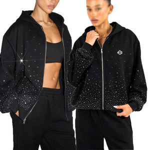 Sudadera con capucha negra de mujer con cremallera y pedrería, de peso pesado, con detalles brillantes, estilo urbano, proveedor mayorista - Product Image 1