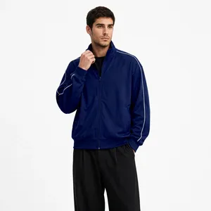 Chaqueta Deportiva Azul Marino para Hombre, Personalizada con Cierre, Ropa Deportiva con Ribete Blanco, Cuello Alto, Chaqueta Ligera de Entrenamiento OEM - Product Image 1