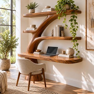 Bureau mural en bois fait main avec étagère, plusieurs compartiments et tiroir pour bureau à domicile et salle d'étude - Product Image 1
