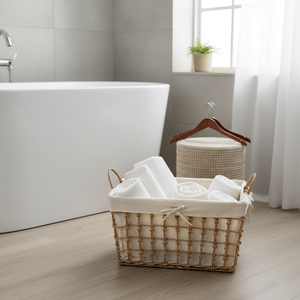 Eco-Friendly Trapezoid-Shaped Woven Straw <b>Basket</b> with Fabric Lining and Handle – Elegant Vintage Rustic Style - Product Image 1