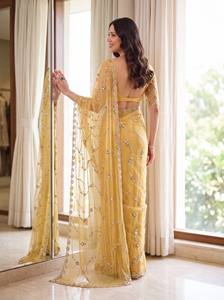 Sari ethnique indien traditionnel de créateur, en polyester jaune brodé, longueur ras du sol, protection solaire, qualité OEM, prix d'usine - Product Image 3