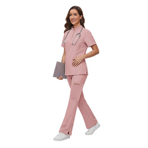 Conjunto de Uniforme Médico de Punto Rosa Unisex, Ropa de Trabajo para Hospital, Ropa de Enfermería, Pantalones de Manga Corta con Bolsillos - Product Image 2