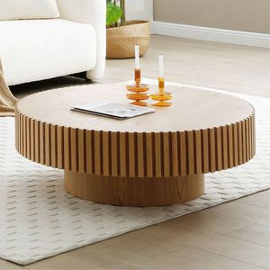 Table basse ronde en bois convertible moderne, design cannelé, meubles de salon faits à la main - Product Image 5
