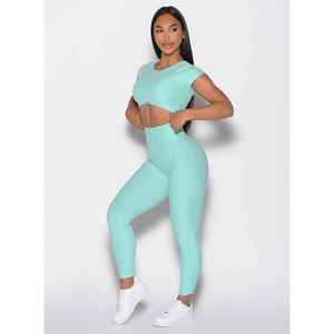 Conjunto de Yoga Verde Menta de 2 Piezas, Top Corto con Cuello Redondo, Leggings Largos de Cintura Alta, Sin Costuras, Color Sólido, Spandex, Poliéster - Product Image 6