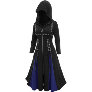 Manteau long à capuche pour femme grande taille, style gothique, en similicuir PU, avec fermeture éclair, lacets, œillets et rayures bicolores - Product Image 1