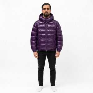 Men's <b>Purple</b> Hooded Puffer Jacket Windproof Breathable Zipper Closure Casual Winter 220g Polyester Shell Regular Length - Product Image 4