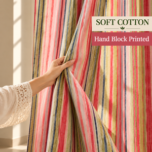<b>Colourful</b> Striped Cotton Curtains | Hand <b>Block</b> Printed Rod Pocket Drapes | Lightweight Window Panels for Living Rooms Boho Decor - Product Image 4