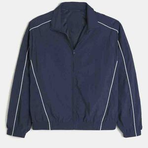Unisex Navy Blue <b>Racer</b> <b>Jacket</b> Stand Collar Zipper Closure Sporty Style Windproof Waterproof Breathable Blouson Autumn Wear - Product Image 4
