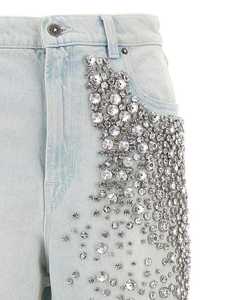 Jean en denim pour femme à taille haute, coupe droite, orné de strass et de cristaux sur les genoux, effet usé, pantalon de mode - Product Image 4