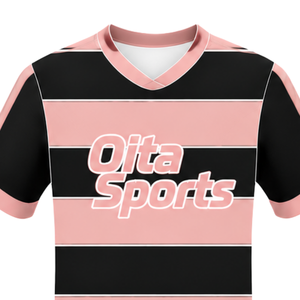 Maillot de rugby rose clair et noir à manches courtes, col rond, rayé, pour l'entraînement et les matchs sportifs - Product Image 3