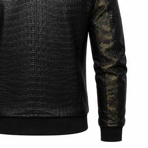 <b>Mens</b> Black Crocodile Embossed Faux <b>Leather</b> <b>Jacket</b> with Camouflage Sleeves OEM ODM Custom Logo Private Label Wholesale Outerwear - Product Image 4