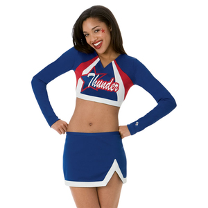 ชุดเชียร์ลีดเดอร์ผู้หญิงแบบสั่งทำปี 2026 คุณภาพสูง ผ้าสแปนเด็กซ์/โพลีเอสเตอร์ พิมพ์ลายด้วยความร้อน ประดับด้วยคริสตัล ชุดครอปท็อปจีบระบาย - Product Image 5