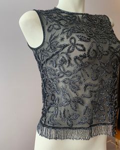 Women Sleeveless Beaded <b>Tank</b> <b>Top</b> Floral <b>Lace</b> Blouse with Fringe Hem Scoop Neck Clubwear Polyester Satin Short - Product Image 4