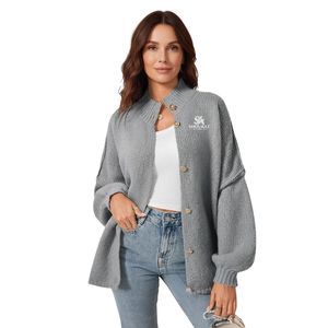 Cárdigan gris de manga globo para mujer, suéter de punto suave con botones frontales, ajuste holgado, moda casual, manga larga, logotipo personalizado, proveedor OEM - Product Image 1