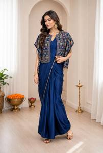 Elegant Modern Navy Blue Crepe Sheath Gown <b>with</b> Embroidered Three Quarter Sleeve <b>Jacket</b> V-Neck Bow Collar Floor-Length Dress - Product Image 2