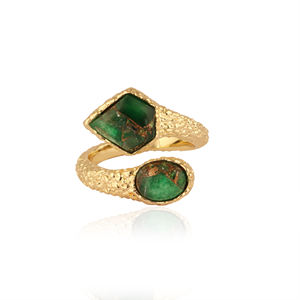 Anillo de Fiesta Tipo Wrap, Chapado en Oro de 18k, con Doble Gema de Cobre Turquesa Verde Mohave Creada en Laboratorio, Abierto por Delante, de Diseño Audaz y Llamativo - Product Image 1