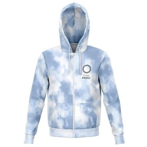 เสื้อฮู้ดซิปแบบยูนิเซ็กซ์สีฟ้าลายเมฆพิมพ์ลายทั้งตัวแบบ Sublimation เสื้อสเวตเชิ้ตซิปเต็มตัวลายท้องฟ้า รับผลิตตามแบบ (OEM) ขายส่ง - Product Image 1
