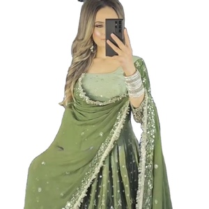 Conjunto de Salwar ANARKALI con Estampado Dori en la Parte Posterior, Adornado con Lentejuelas, con Pantalón y Dupatta a Juego, para Comodidad en Verano, Modal, Organza, Seda - Product Image 1