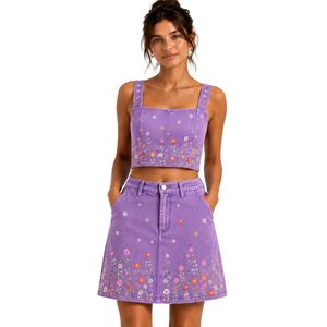 Conjunto de Top Corto y Falda Bordados con Lavanda para Mujer, Estilo Floral de Verano, Dos Piezas, Logotipo Personalizado, OEM, Ropa al por Mayor - Product Image 1