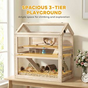 Gabbia per Criceti a 3 Piani in Legno con Casetta, Dondolo, Rampe, Ruota per Esercizi, Pannello in Acrilico e Vassoio Inferiore - Per Razze Medie e Grandi - Product Image 3
