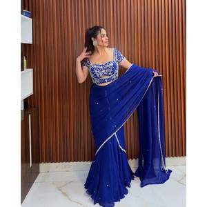 Lehenga Saree fait main en tissu organza avec broderies de fils et de sequins, taille naturelle, idéal pour les soirées - Product Image 4