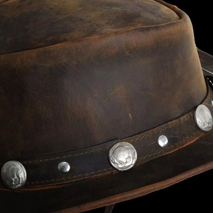 Dark Brown Leather Cowboy <b>Hat</b> Men Western Outback <b>Hats</b> Coin Concho <b>Band</b> Wide Brim Sombrero Casual Outdoor Travel Chin Cord Caps - Product Image 6