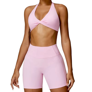 Women's Quick Dry 2-Piece Sports Bra and Yoga Shorts Set Knot Halter Backless Seamless and Breathable Solid Pattern Yoga Gear - Product Image 1